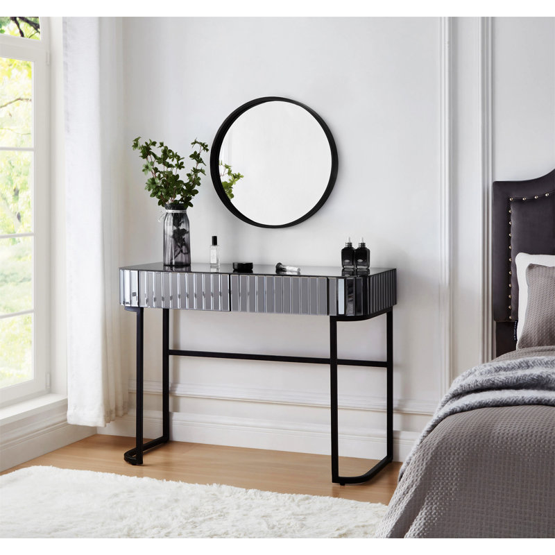 Table de coiffeuse à miroir 39 "avec base en acier inoxydable, Noir, Gris