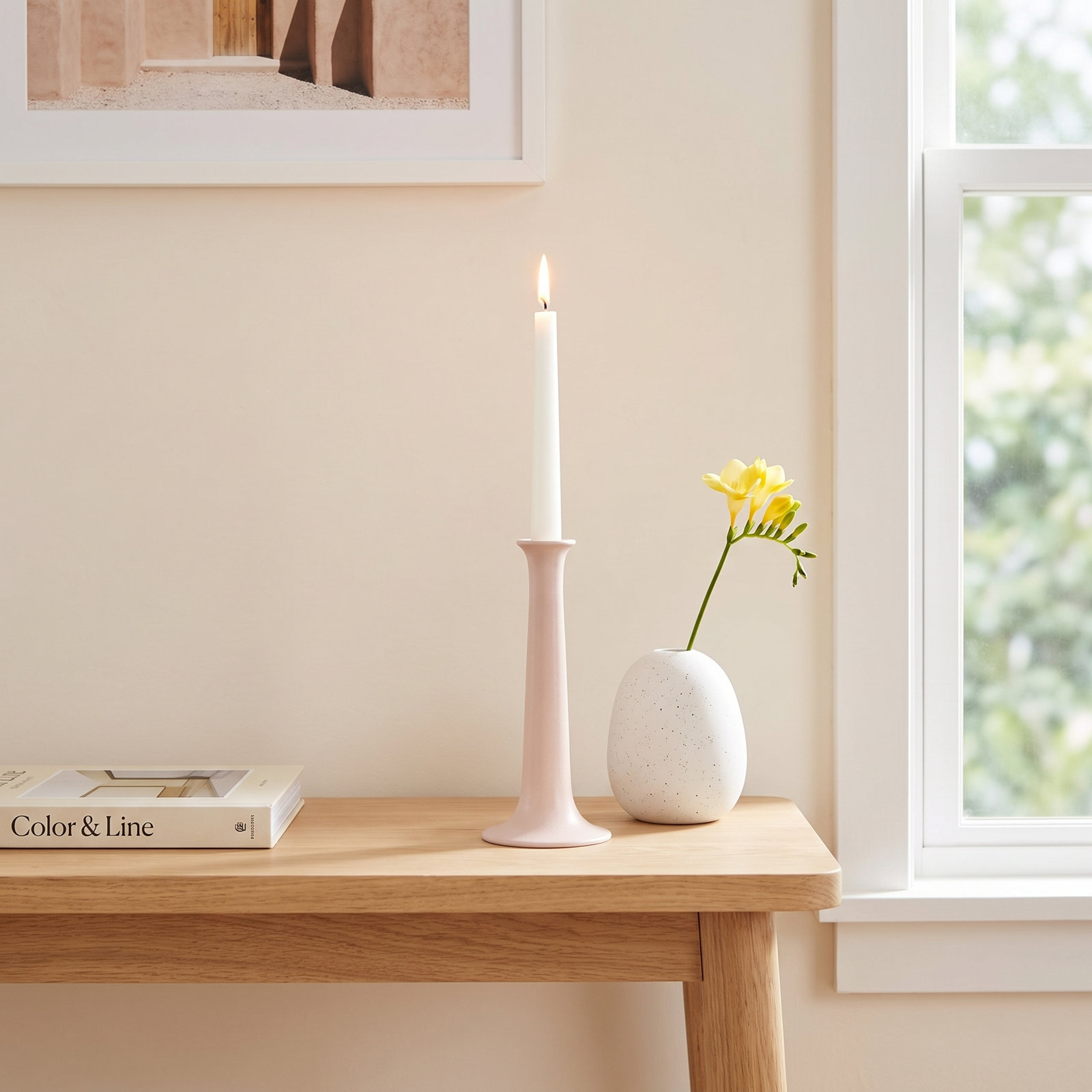 Simple Solid Wood Candlestick, Blush, 5.5" H x 3.5" W x 3.5" D