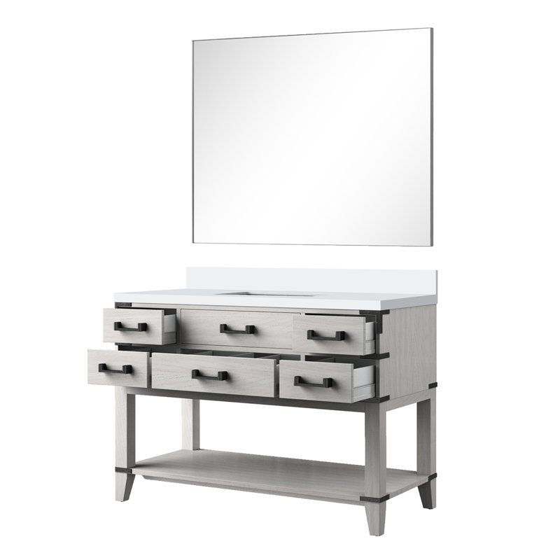 Meuble-lavabo simple en chêne blanc 48 po L, plateau en marbre de culture, 46 miroirs et cinq tiroirs pour le rangement dans la salle de bain x P 22 po avec dessus scellé à la main