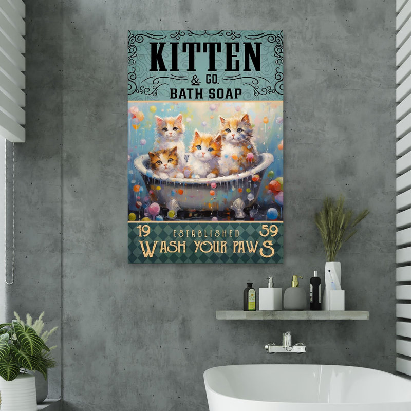 «Kitten Wash Your Paws», reproduction d'art graphique sur toile tendue, H 14 po x l 11 po x P 1,25 po