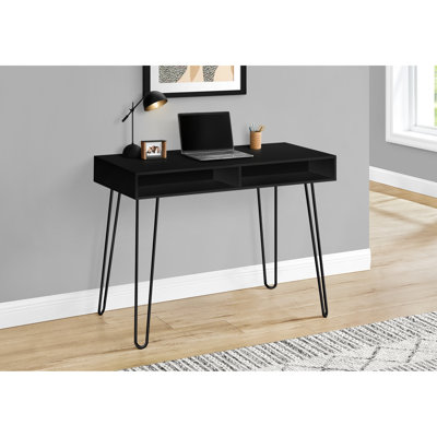 Bureau d'ordinateur 101,6 cm (40 po) de long pour bureau à domicile, fini stratifié noir, avec rangement et piètement en métal, style moderne, assemblage requis