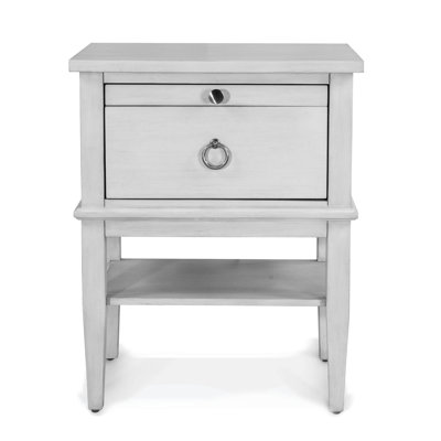 Point Breeze - Table de chevet 1 tiroir avec plateau à bijoux, tablette, multiprise, port USB-A et USB-C - Blanc frais avec finition glacis gris doux