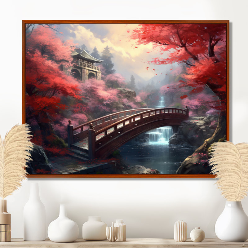 Pont d'automne japonais, arbres de fleurs de cerisier - pont, décoration murale, H 34 po x l 44 po
