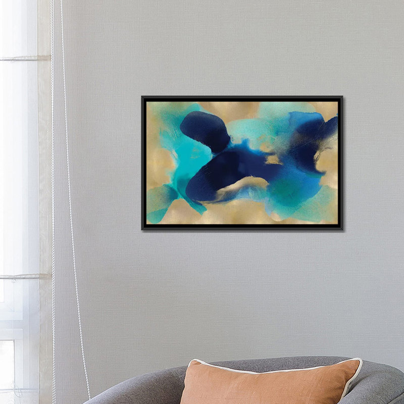 " Free Form Blue On Gold " by Hannah Carlson, 18" H x 26" W x 1.5" D, Black Framed Canvas, No Mat