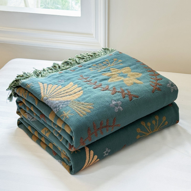 Couverture en coton - pompons jacquard teints en fil, Grand lit