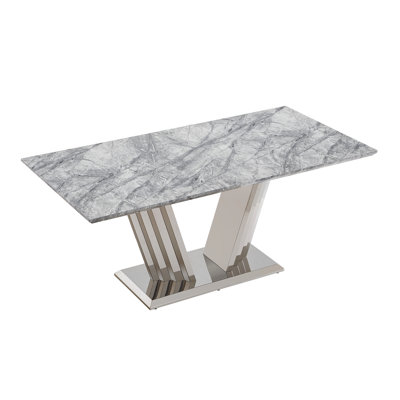 Silver And Grey Marble Dining Table With Mirrored Finish Stainless Steel Base, Combining Modern Classy Designs Legs, Bringing To Your Space