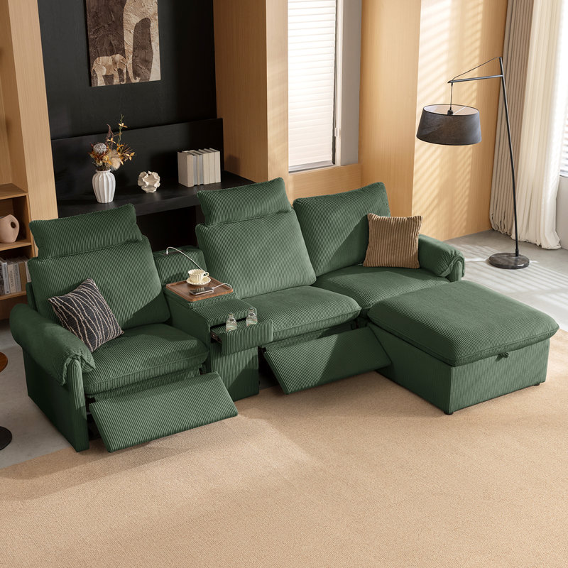 Canapé d'angle 4 places moderne et modulable avec fauteuil inclinable électrique, console et pouf de rangement, en tissu velours côtelé, vert.