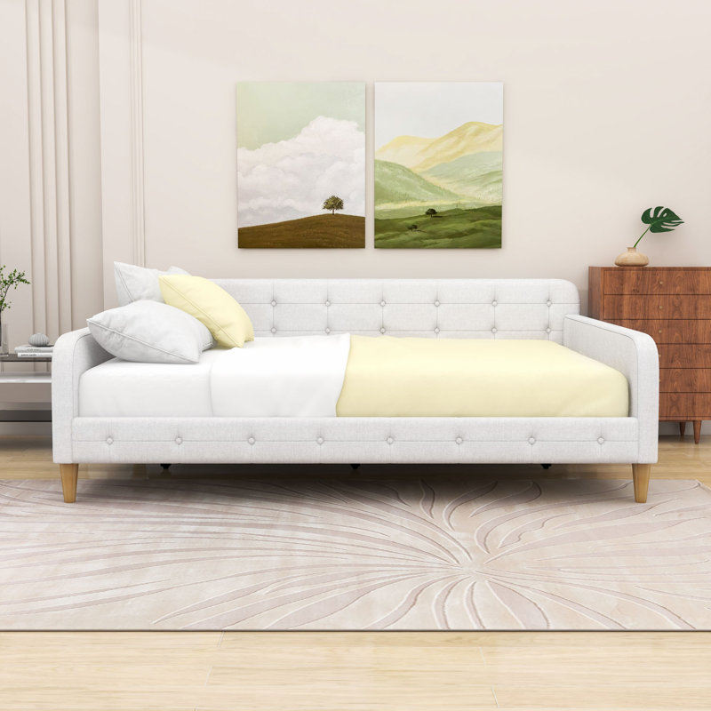 Queen Size Upholstered Daybed with Linen Fabric and Wood Frame, Beige