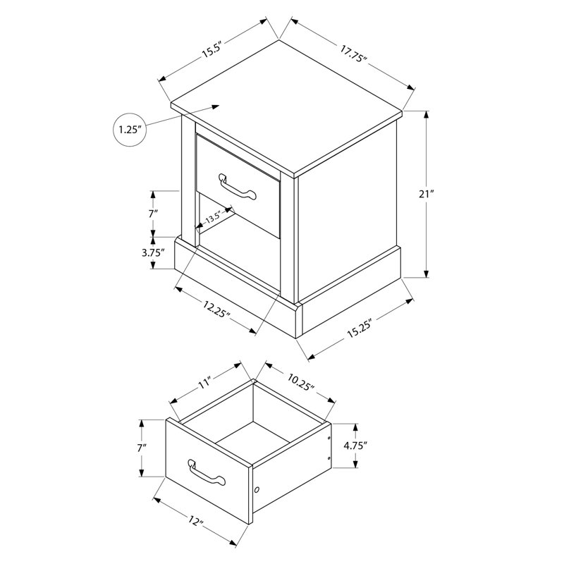 Table d'appoint de 53 cm (21 pouces), stratifié chêne brun foncé, avec tiroir de rangement et tablette ouverte pour salon ou chambre à coucher, hauteur 53 cm (21 pouces).