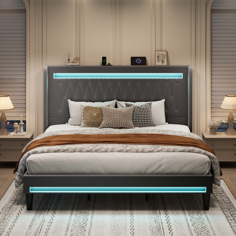 Modern Diamond-Tufted Upholstered Bed Frame With RGB LED Lights, USB Charging Ports & Wingback Headboard, Gray, King