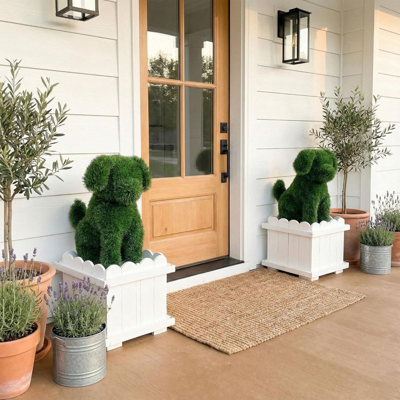Decorative White Planter Box With Artificial Dog Topiary - 2 Pack