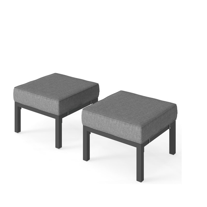 Urban Comfort Set of 2: 24" Aluminum Patio Ottomans with Dark Gray Cushions - All-Weather Footrests for Outdoor Lounge, Deck or Porch