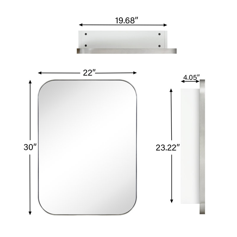 Mileta 30'' H X 22'' W Brushed Nickel Surface and Recessed Mount Rectangular Stainless Steel Metal Framed Bathroom Medicine Cabinet with Mirror