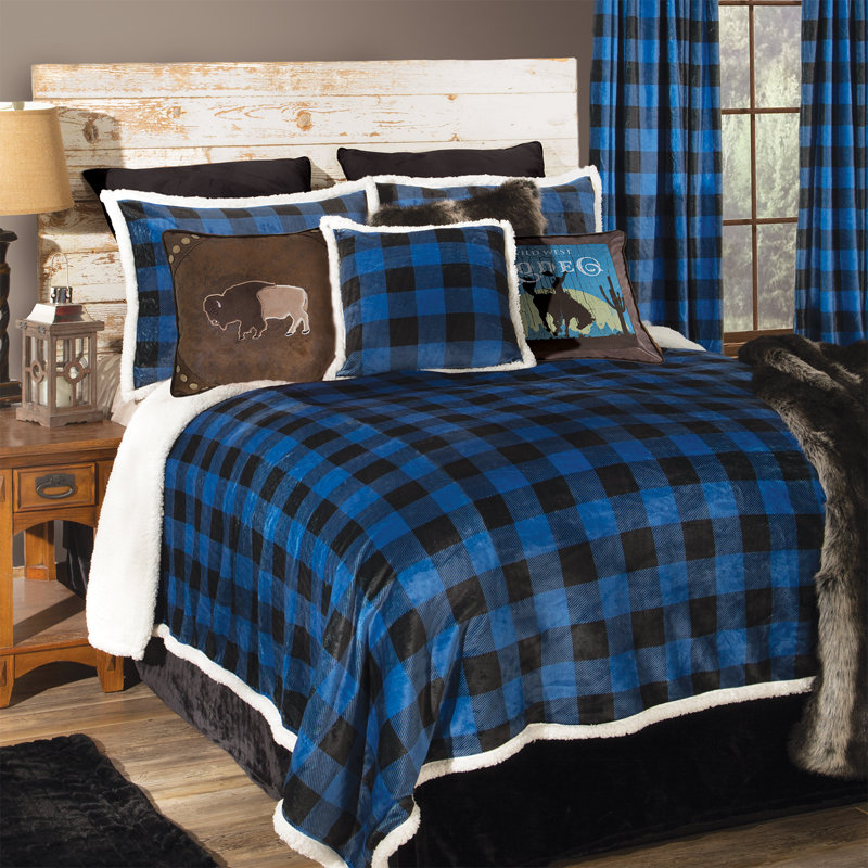Ensemble d'édredon en microfibre Lumberjack Buffalo, Édredon de très grande taille, 2 taies décorati, Bleu