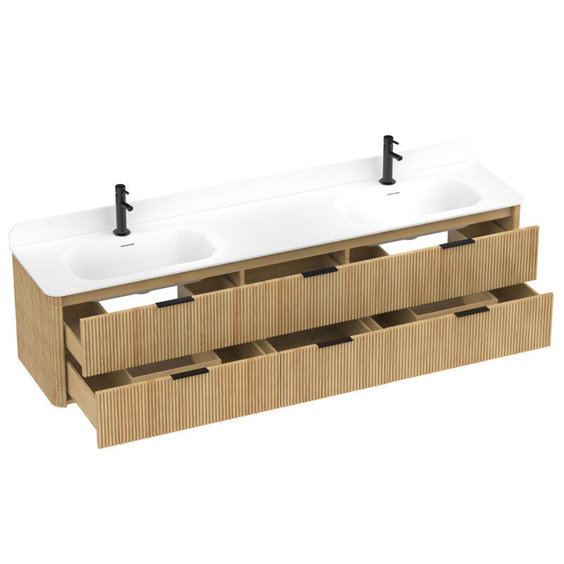 Meuble-lavabo cannelé en chêne doré 84 po avec lavabo intégré et quincaillerie noire 84 po