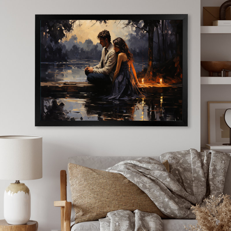 «Romantic Couple Landscape Glimpse I», reproduction d'art sur toile, Cadre photo noir, H 16 po x l 32 po x P 1 po