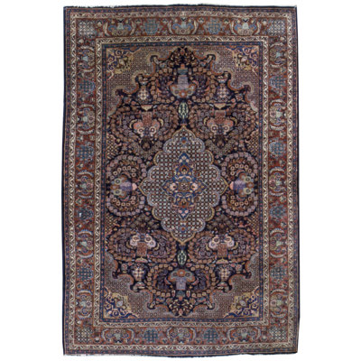 Tapis unique en laine noué à la main de 4 pi 8 po x 7 pi rouge / noir / bleu