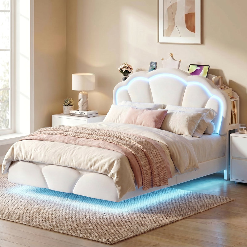 Floating Cloud Crown Velvet Bed with Headboard Storage, LED Light & Built-in Charging Outlet, Twin, White