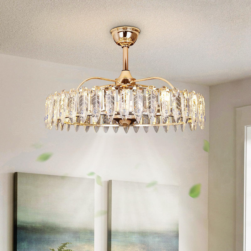 Ventilateur de plafond à cage dorée avec lumière, télécommande et cristal d'érable, 20"