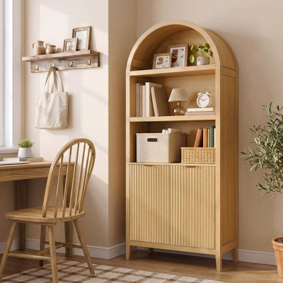 Bibliothèque arquée avec 5 tablettes, bibliothèque de 71 po de hauteur avec porte, naturel