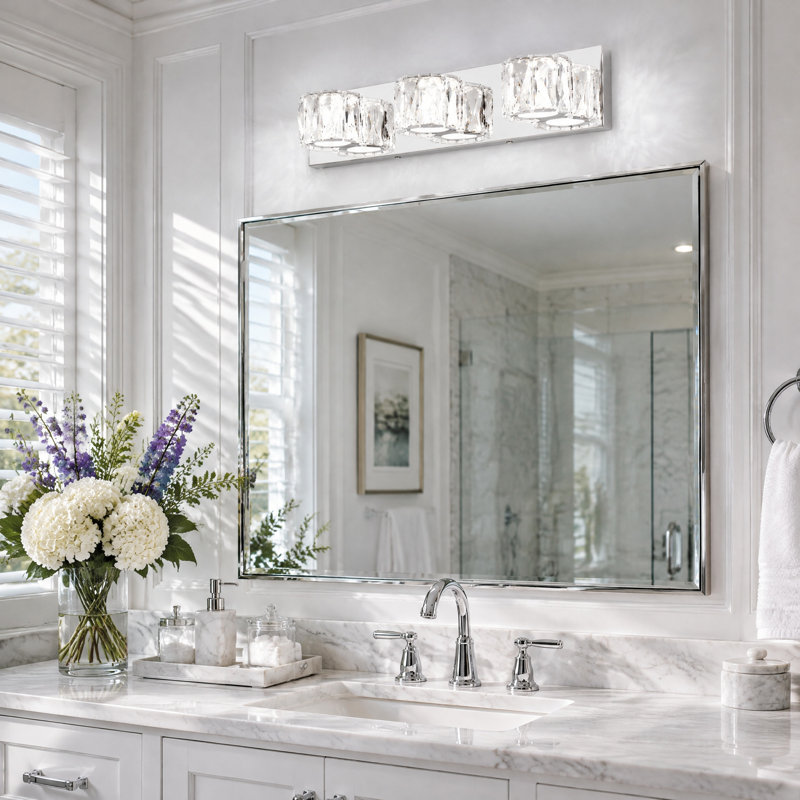 Éclairage à DEL pour meuble-lavabo à DEL, abat-jour en cristal, intensité variable, chrome poli moderne, 21", Trois lumières