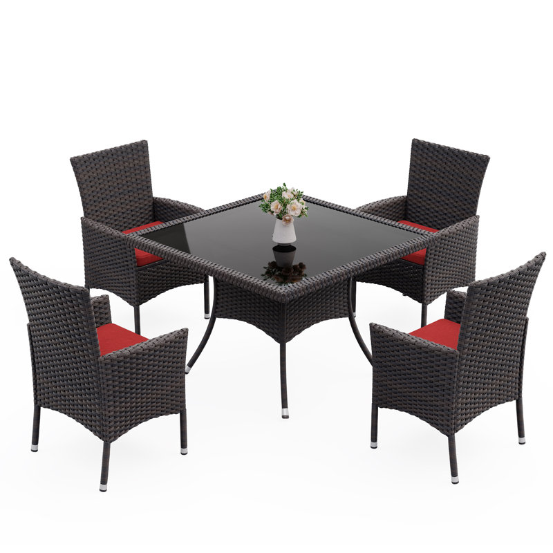 30-Piece Outdoor Dining Set Rattan Chairs With Cushions And Matching Glass-Top Tables, Red
