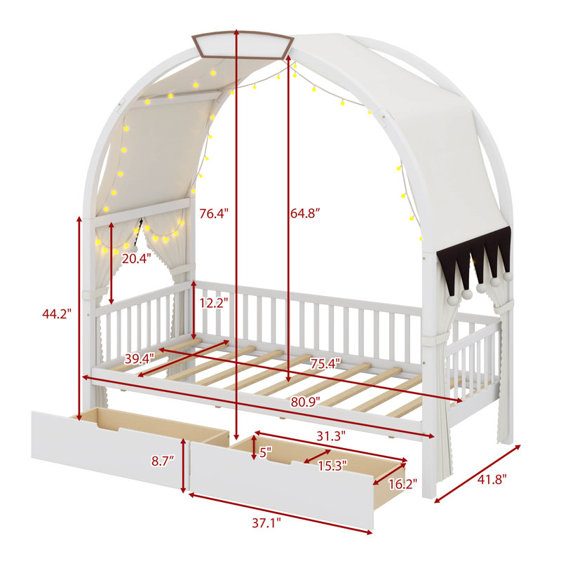 Twin-Size Bed With An Arched Roof And Two Built-In Drawers, White
