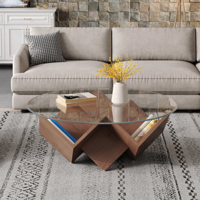 35.4" The Round Coffee Table With Glass Top And Geometric Abstract Art Deco Base Storage Shelves Walnut