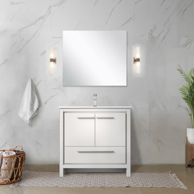 Meuble-lavabo blanc l 36 po x P 20 po, plateau en marbre de culture, robinet chromé et miroir 28 po