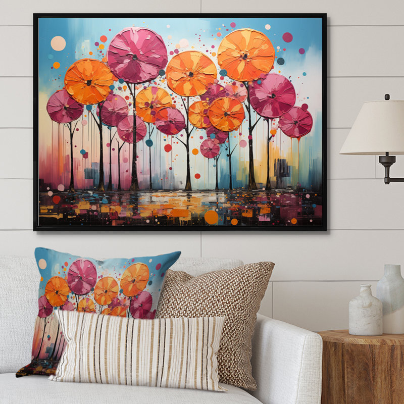 Palmiers orange et roses abstraits IV - impression, H 24 po x l 32 po x P 1 po, Cadre flottant noir
