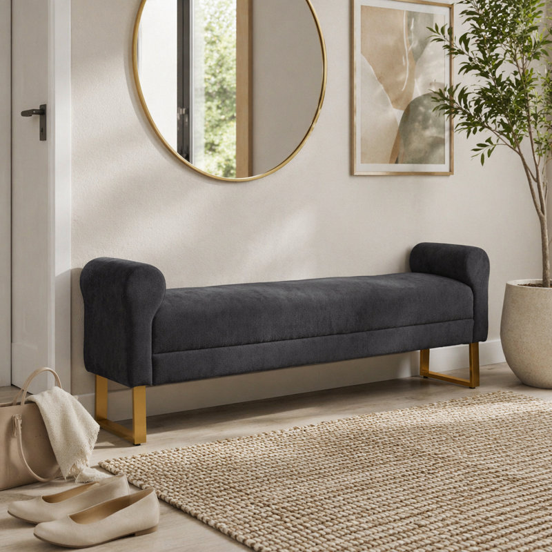 Banc de bout moderne de 55 po de large avec revêtement en similicuir et table d'appoint, Gris foncé