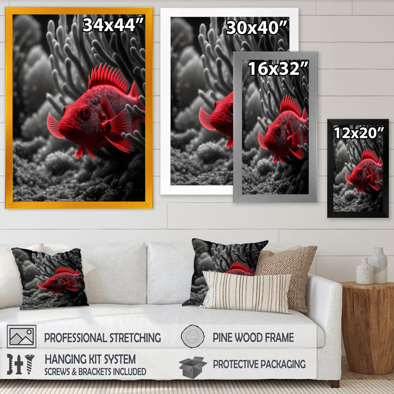 «Munmro Black and Red Tropical Fish VII», reproduction sur toile, L 12 po x H 20 po, Impression noire sur toile encadrée