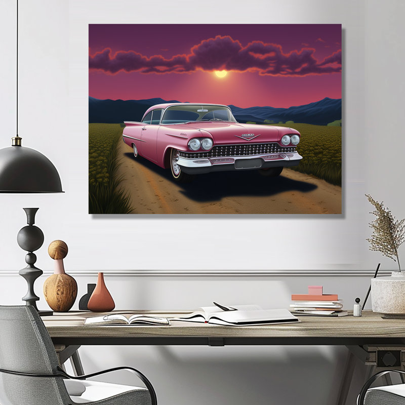 Rétro voiture américaine rose, coucher de soleil mauve - art mural rétro, Métal métal, H 24 po x l 32 po x P 1 po