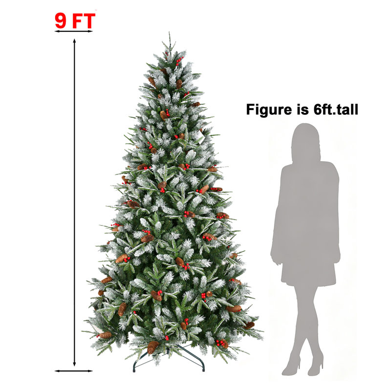 Arbre de Noël artificiel 9 pi enneigé avec baies rouges et pommes de pin, arbre de Noël articulé en PE + PVC avec base en métal, 3750 pointes