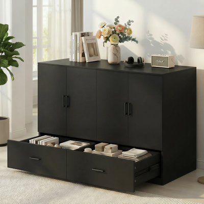 Queen Murphy Bed with RGB LED Light & Storage Drawer, Black