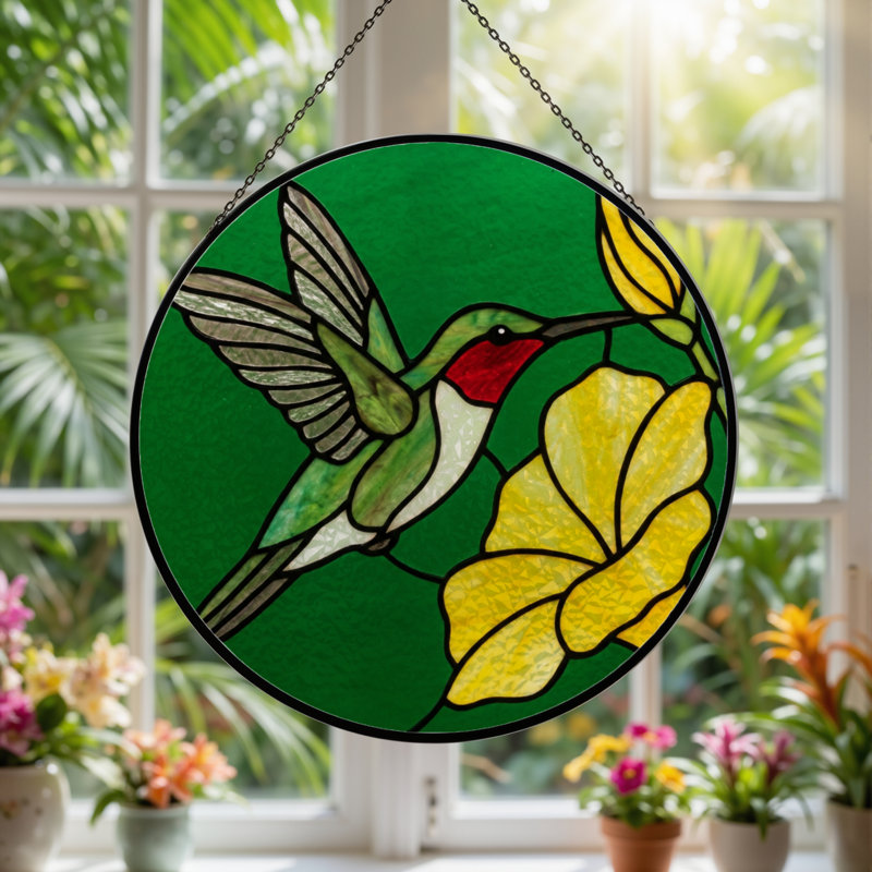 Vitrail de fenêtre en verre coloré 7,8 po Hummingbird, H 7,8 po x l 7,8 po