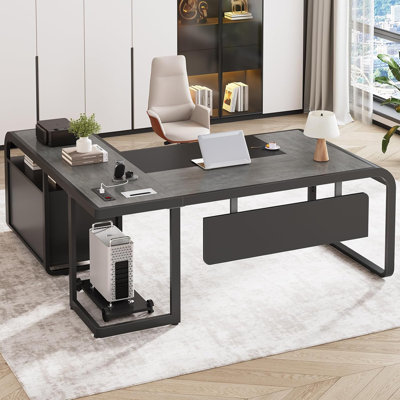 Bureau en L de 63 po, bureau d'ordinateur avec tiroirs classeurs et tablettes de rangement