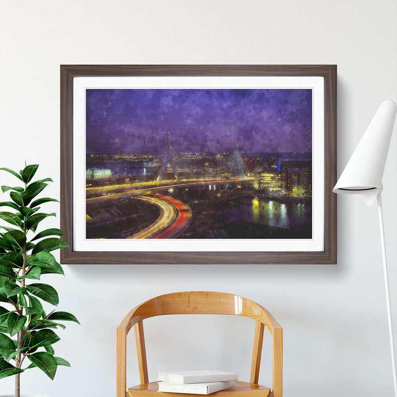 Massachusetts Boston Skyline - Picture Frame Graphic Art, 27cm H x 36cm W x 2cm D, Walnut Framed