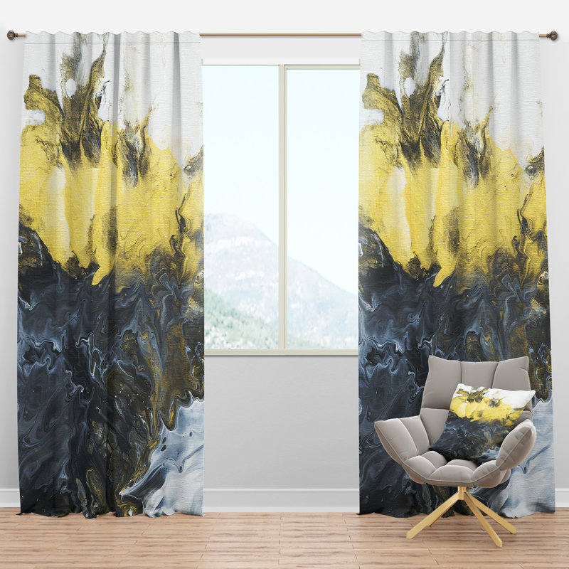 Grey, Yellow and White Hand Painted Marble Composition - Mid-Century Velvet Curtain - 1 panel, 52"W x 108"L