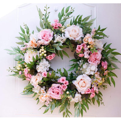 22 Inch Large Artificial Rose Wreath Handmade Floral Wreath With Berry And Green Leaves, Spring Summer Garland Wreath For Front Door Wall Wedding Party Home Decor