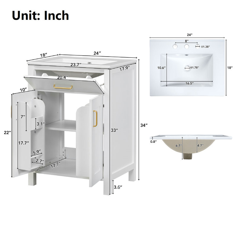 Meuble-lavabo 24 po avec tiroir rabattable, Blanc