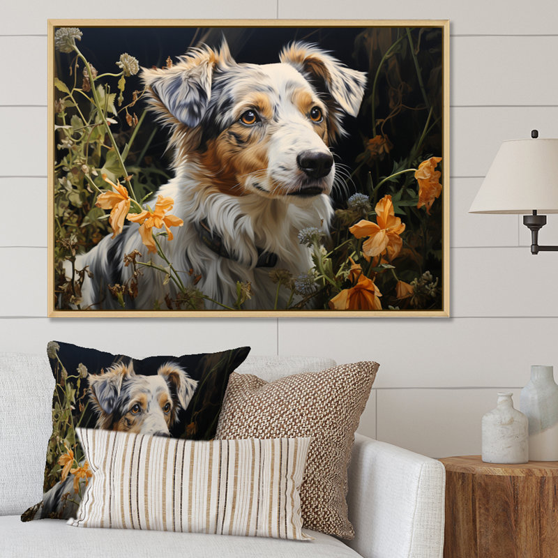 " Dog Inquisitive Canine Pastoral ", 16" H x 32" W, Natural Floater Framed