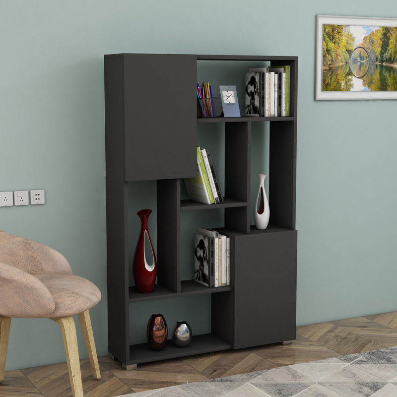 Modern Anthracite Bookshelf with Iron Legs, 35.4 x 55.5 x 9.4 inches | 100% Melamine Coated Particle Board, Thickness: 0.7 inches | Stylish Storage Solution for Home & Office, Durable & Elegant Design