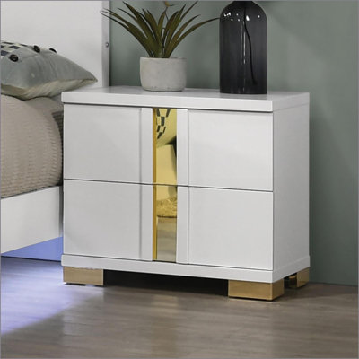 Bedroom Furniture Set, Modern Black/Gold 3pc Queen Bed with LED + 2 Nightstands, Acrylic Trim | Engineered Wood,Metal | Standard Beds