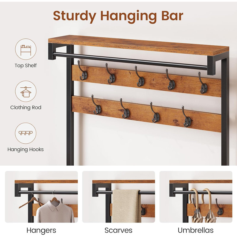Hall Tree With Bench And Shoe Storage,7-in-1 Entryway Bench With Coat Rack, Hall Tree With Storage Bench, Hangrod And 9 Hooks, Rustic 
