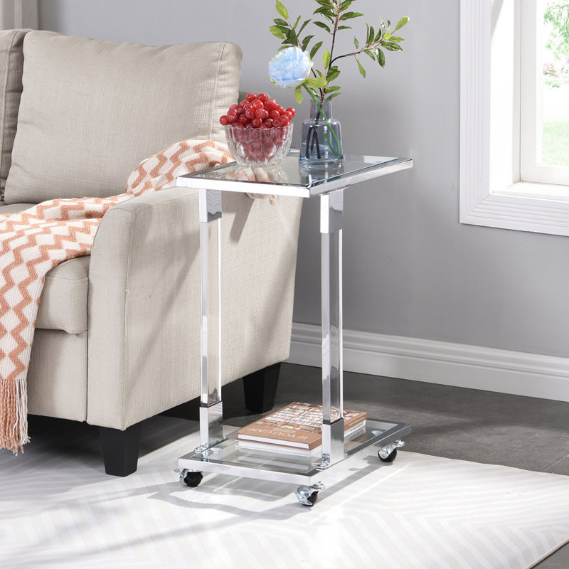 Dawuan Glass Side Table, Acrylic End Table, Glass Top C Shape Square Table with Metal Base, Chrome