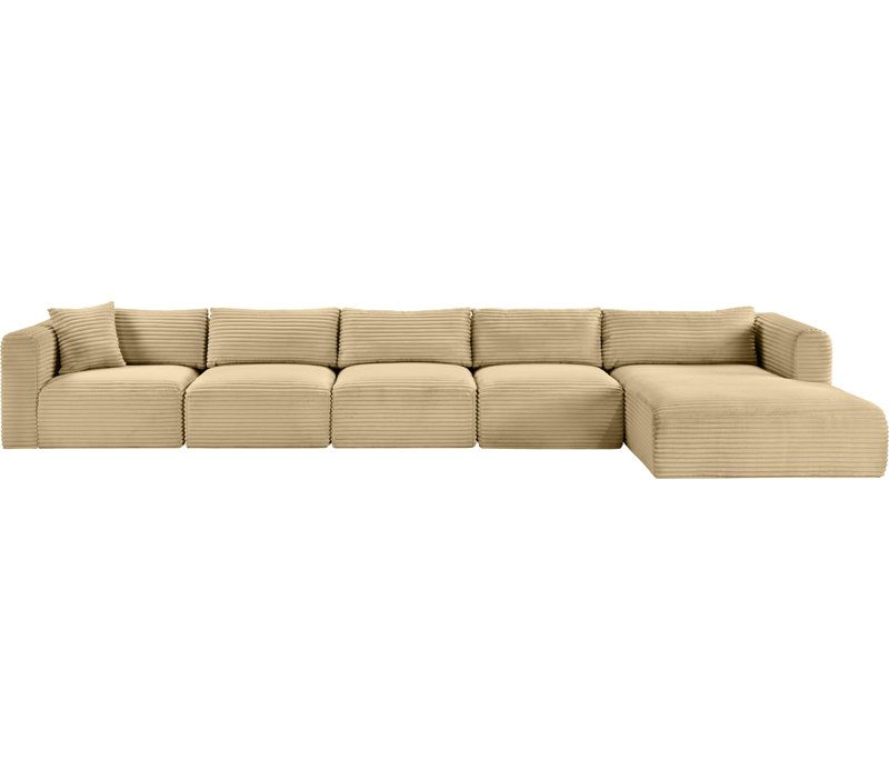 Canapé modulaire en L Carmean Performance, Velours côtelé texturé Camel, 3 sans accoudoirs, 1 méridienne, 1 coin