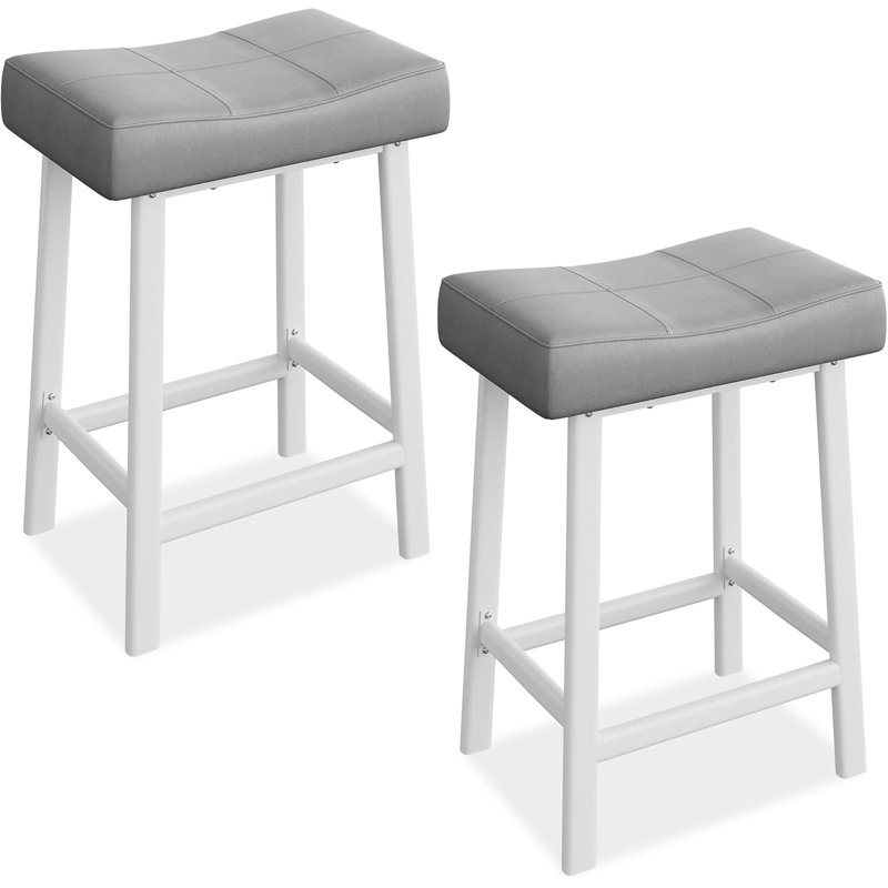 24'' Counter Height Bar Stools Set of 2 – Backless Upholstered Saddle Seat, Padded Curved PU Leather Cushion, Easy Assembly, White Frame & Grey Cushion, 2-PACK