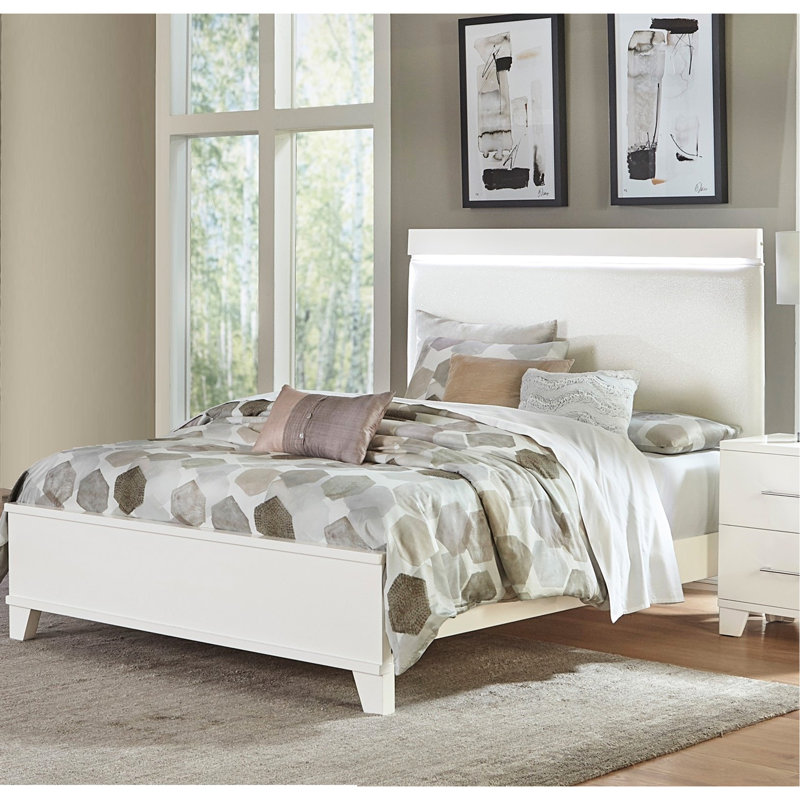 Full Size Bed With Modern White Gloss Headboard And Faux Leather High Featuring Led Illumination, Full