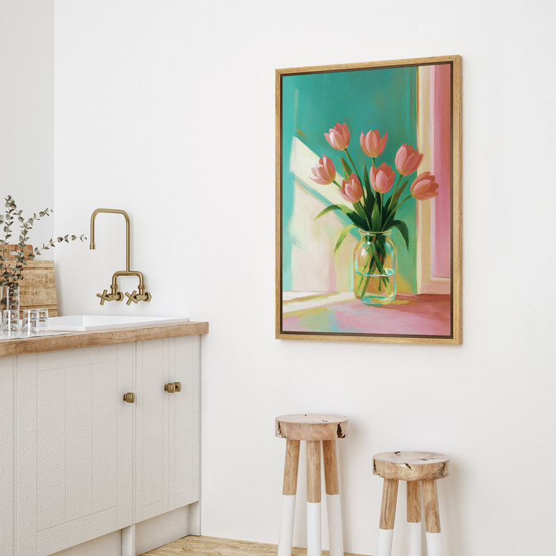 «Pink Tulips in Glass Vase Floral Still Life», reproduction d'art sur toile encadrée, H 36 po x l 24 po, Naturel